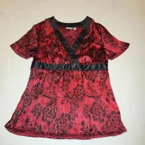 VTG Y2K Red Black Floral APT 9 Silky Kimono Style Boho Top Small S EUC